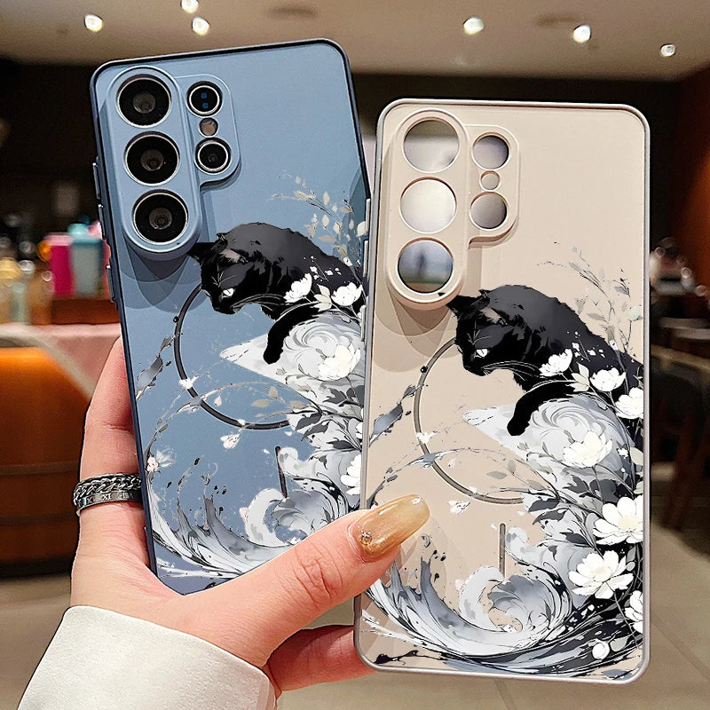 Magnetic Phone Case For Samsung Galaxy S26 S25 Ultra S24 S23 FE A17 A57 A56 A37 A16 A35 A55 A15 A36 A25 Black Cat Hard PC Cover