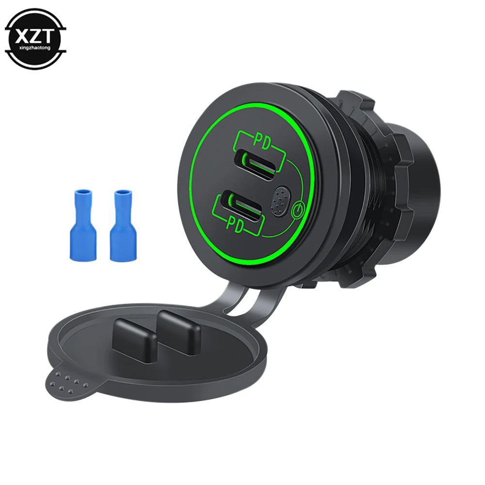 12-24V Quick Charge Dual PD Type C USB Charger Socket Car USB C Power Waterproof Charge Socket for Car Boat Motorcycle