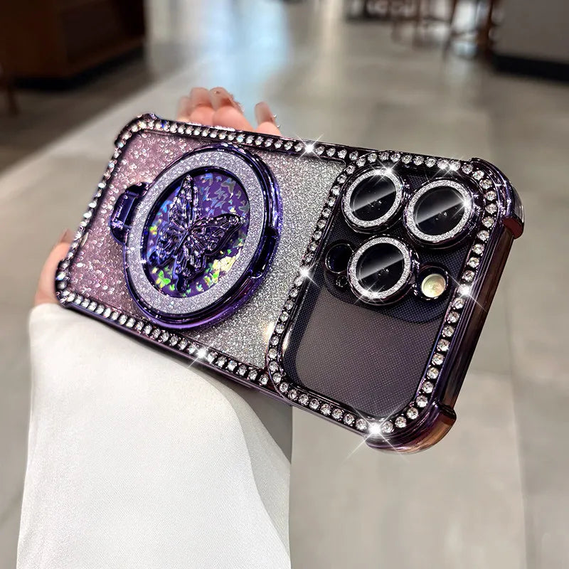 Butterfly Stand Holder Cases For iPhone 17 Pro Max Glitter Diamond Airbag Plating TPU Cover For iPhone 13 14 15 16 17 Pro Max