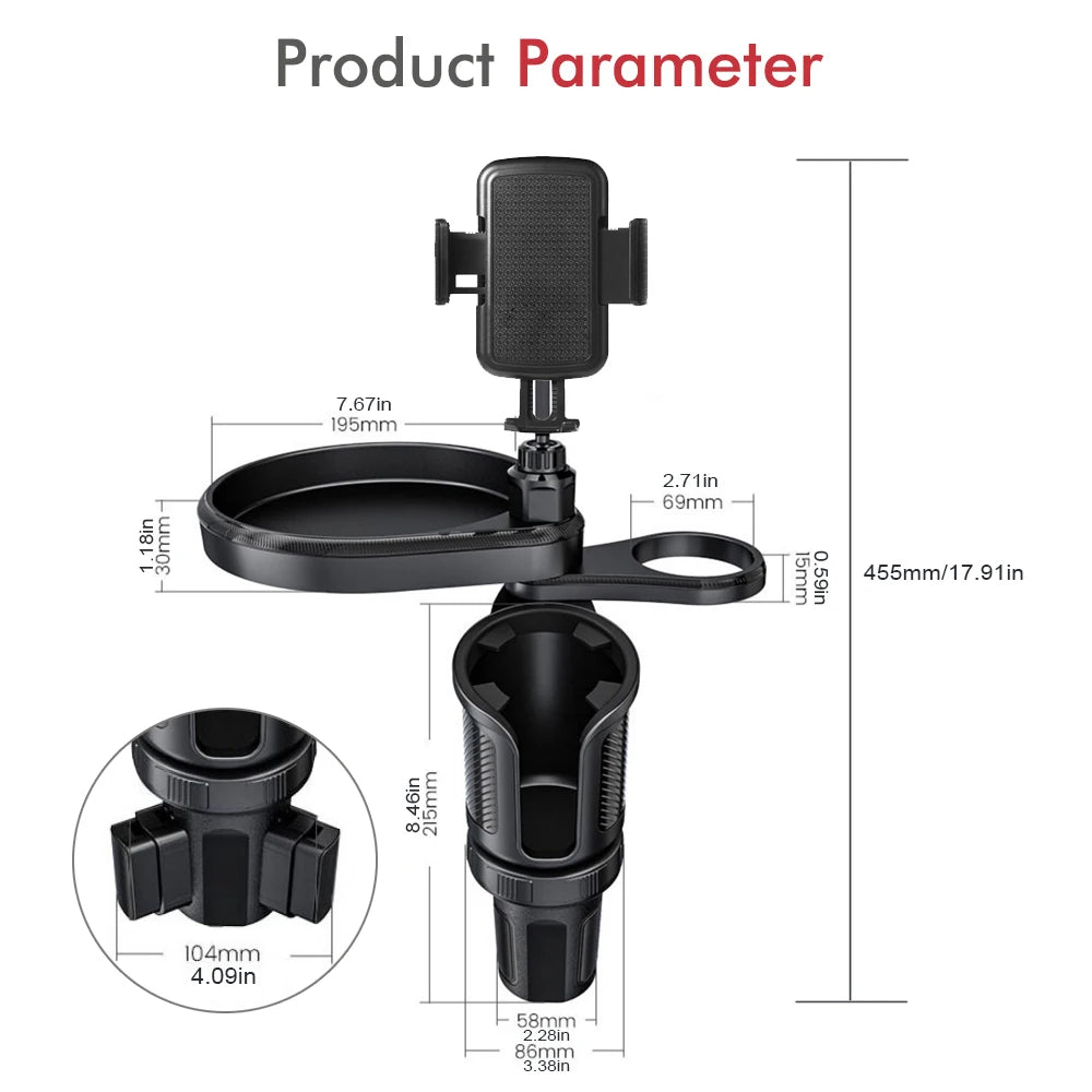 4 In 1 Car Cup Holder Expander Tray with Phone Holder Car Drink Holder 2 Cup Holders Road Trip & Car Traveling Essential Gadget CM World