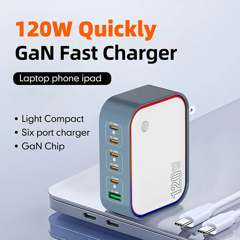 AIXXCO 120W GaN Fast Charger 6-Port USB-C PD QC3.0 Travel Charging Adapter for Laptops iPhone iPad Samsung