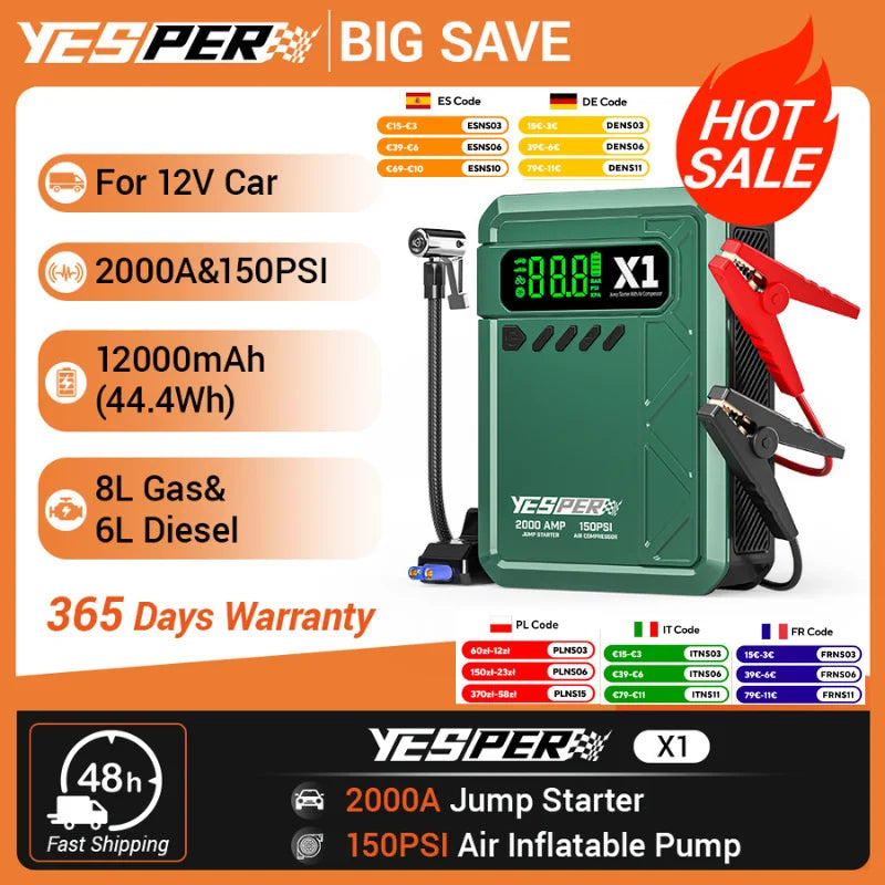YESPER 2000A Jump Starter & 150PSI Air Compressor 2-in-1, 12V Portable Emergency Booster for 8L Gas 6L Diesel Car SUV Truck