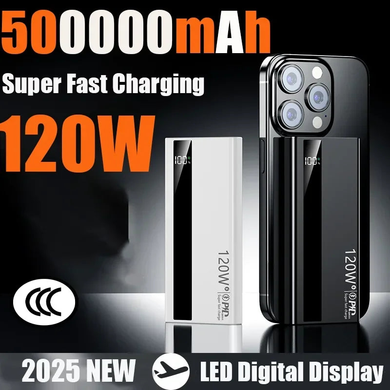 Lenovo 500000mAh 120W Super Fast Charging Power Bank High Capacity External Battery Portable Battery Charger For iPhone Samsung Car Mobile World