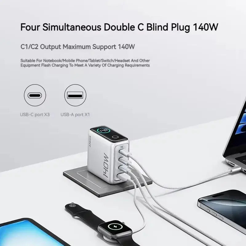 Original Anker Zolo 140W GaN Charger PD Fast Charge 4 Ports For IPhone 13 14 15 16 Pro Max Laptop Tablet With 1.5m Cable Car Mobile World