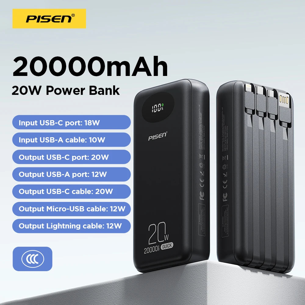 PISEN 3C Certified Power Bank 10000mAh & 20000mAh 20W Fast Charging Powerbank With 4 Built-in Cables For iPhone Samsung Xiaomi Car Mobile World