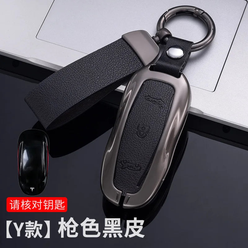 Car Zinc Alloy Leather Key Case Cover Holder For Tesla Model 3 Model S Model Y Model X Protector Keychain Interior Accessories