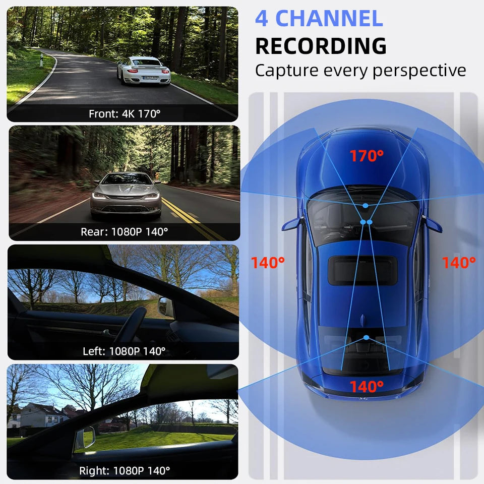 E-ACE Dashcam 4 Channel UHD 4K Car Dvr Built-in GPS WIFI Module Infrared Night Vision Front Left Right Rear Lens Black Box ﻿ Car Mobile World