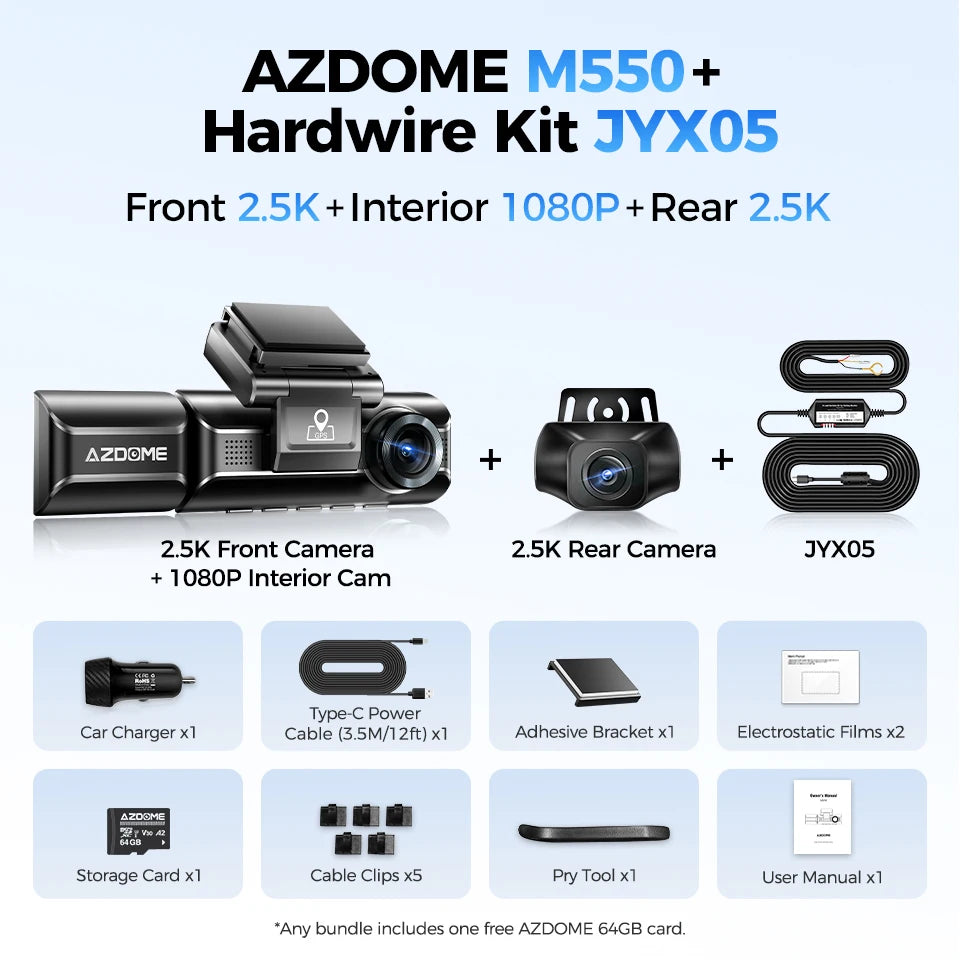 AZDOME Dash Cam M550 4K+2.5K Built-in GPS WiFi Car Dash Camera Front Inside Rear 3 Way IR Night Vision Car DVR Support Rear Cam Car Mobile World