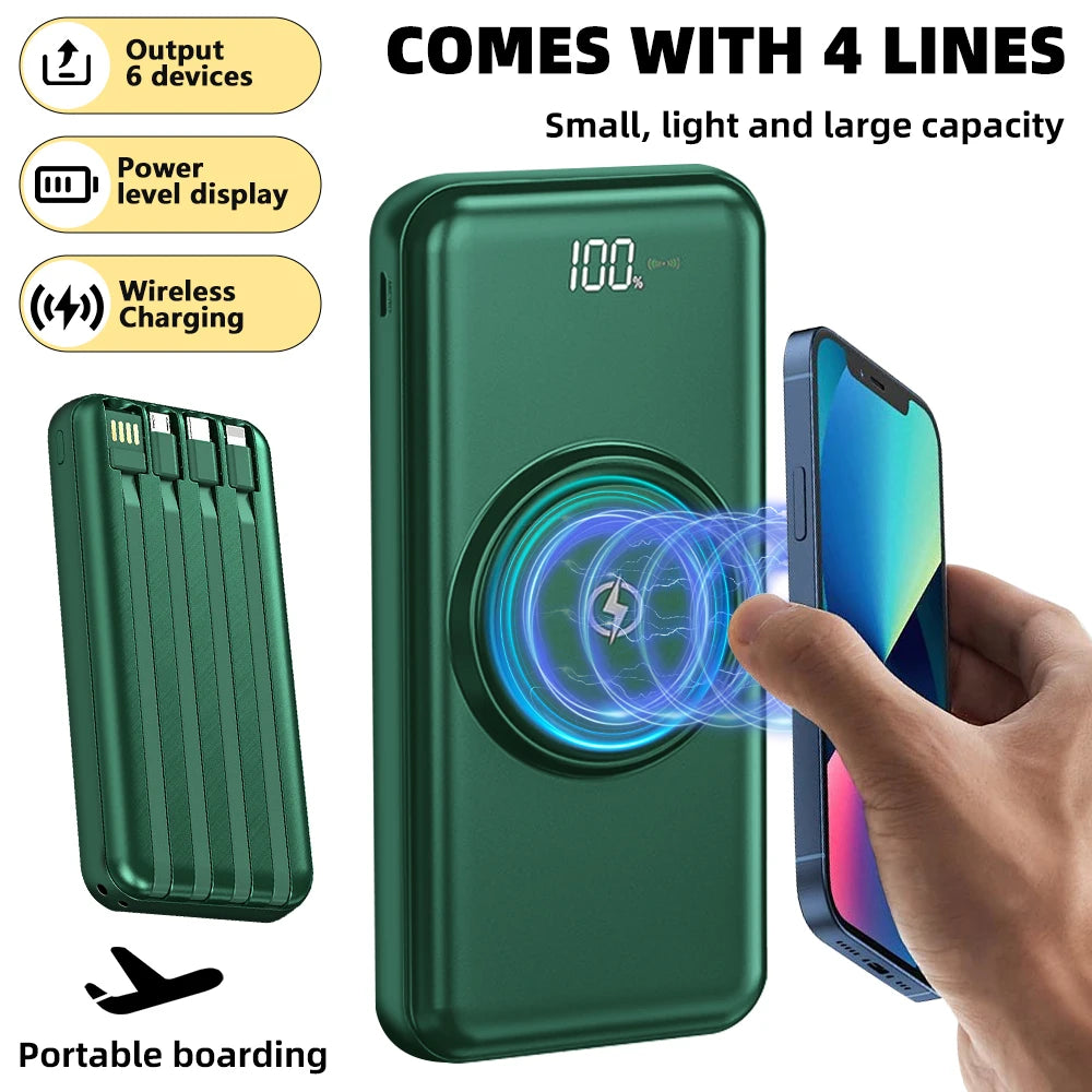20000mAh Wireless Power Bank Fast Charging Built-in Quad Power Cable Mobile Phone Charger For Iphone 13 14 15 Xiaomi Samsung Car Mobile World
