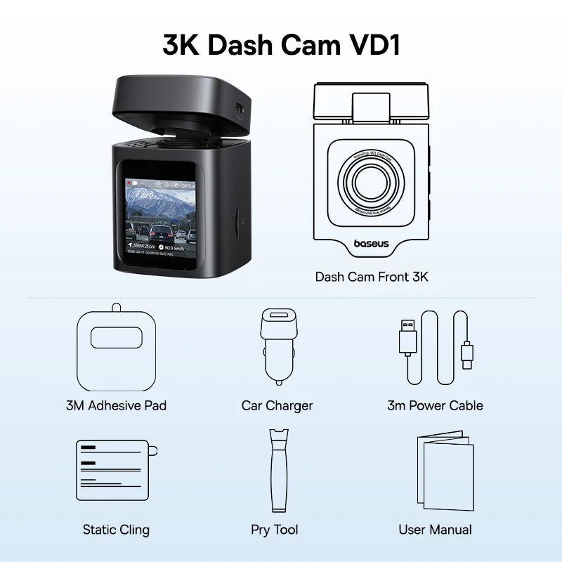Baseus 3K Dash Cam VD1 Front and Rear Cam HD Built-in GPS Galileo Supercapacitor Car DVR Car Camera Recorder Support 24H Parking Car Mobile World