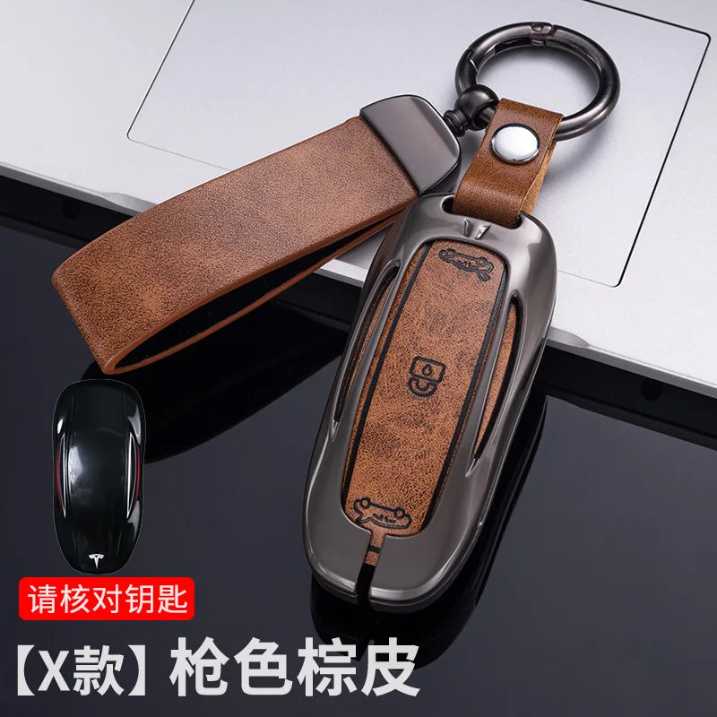 Car Zinc Alloy Leather Key Case Cover Holder For Tesla Model 3 Model S Model Y Model X Protector Keychain Interior Accessories