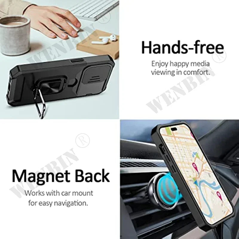 Case For iPhone 17 16 15 14 13 12 Pro Max Plus 8 7 Plus Mini Heavy Duty Protection With Sliding Camera Cover And Card Clip Cover Car Mobile World