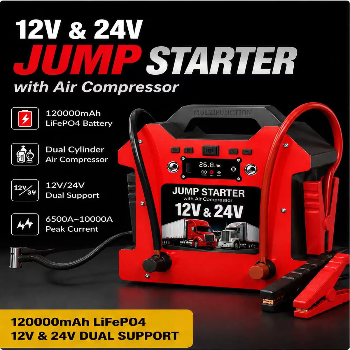 UniLink 12V/24V LiFePO4 Jump Starter 120000mAh Patented 6-Bar Twin-Cylinder Compressor Alternator Reverse Charge