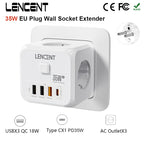 LENCENT EU Plug Power Strip Wall Socket with 3 AC+3 USB QC 18W +1 Type C PD 35W Fast Charger Adapter 7-in-1 Socket On/Off Switch Car Mobile World