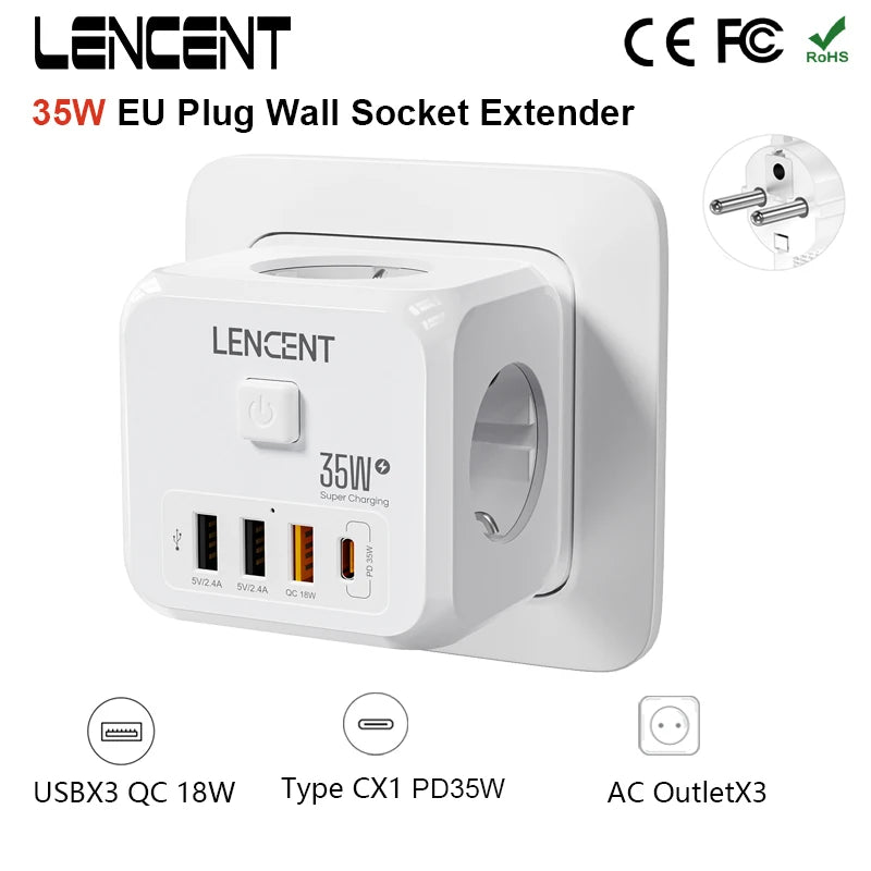 LENCENT EU Plug Power Strip Wall Socket with 3 AC+3 USB QC 18W +1 Type C PD 35W Fast Charger Adapter 7-in-1 Socket On/Off Switch Car Mobile World