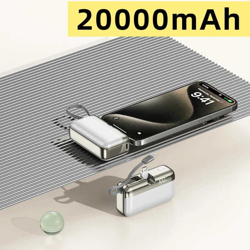 Mini Capsule Power Bank 20000mAh 22.5W Fast Charging USB-C Built-in Cable Portable Charger For iPhone Samsung Travel