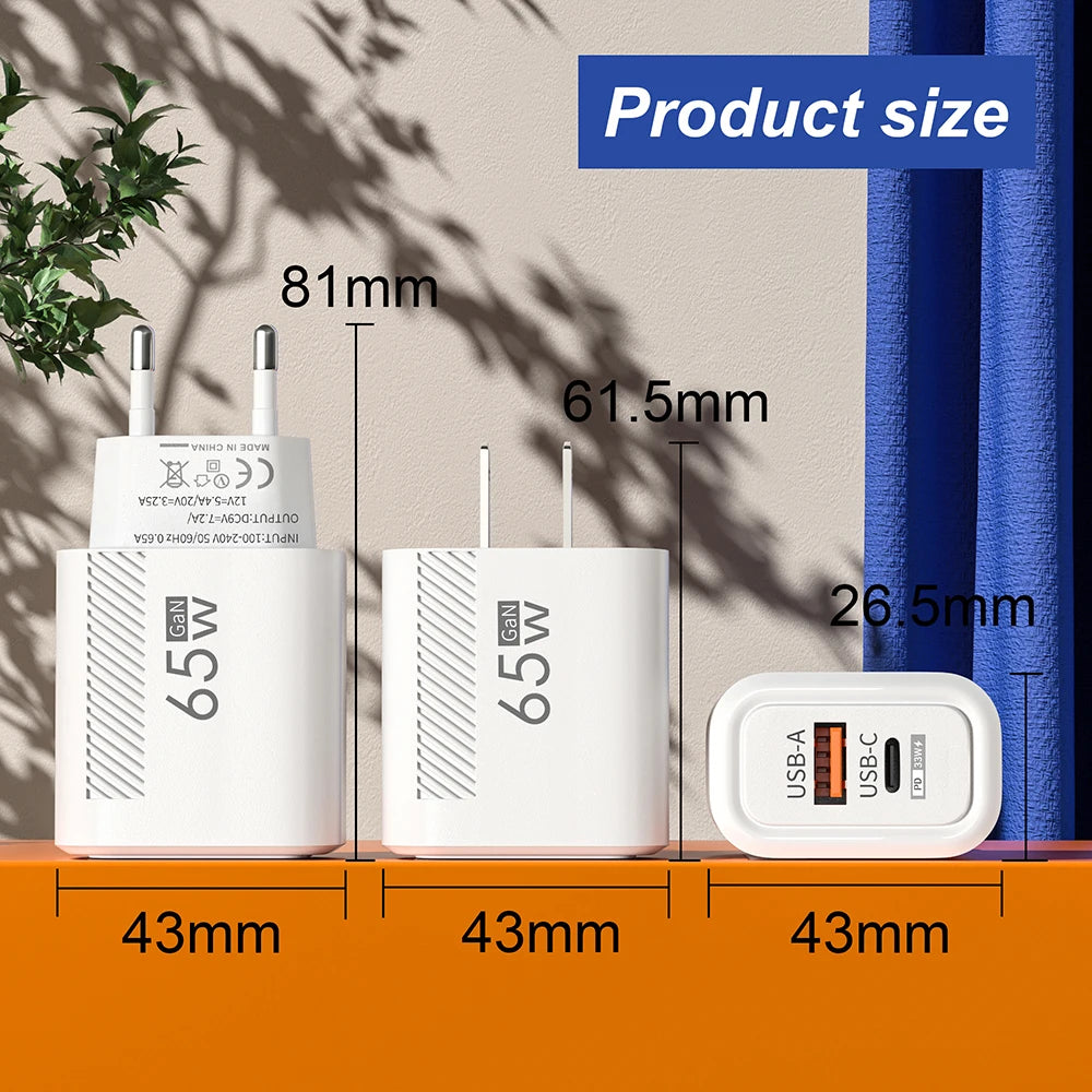PD 65W GaN Charger USB C Fast Chargering Adapter For Samsung S22 S21 iPhone 14 13 Xiaomi Huawei LG Quick Charge 3.0 USB Charger Car Mobile World
