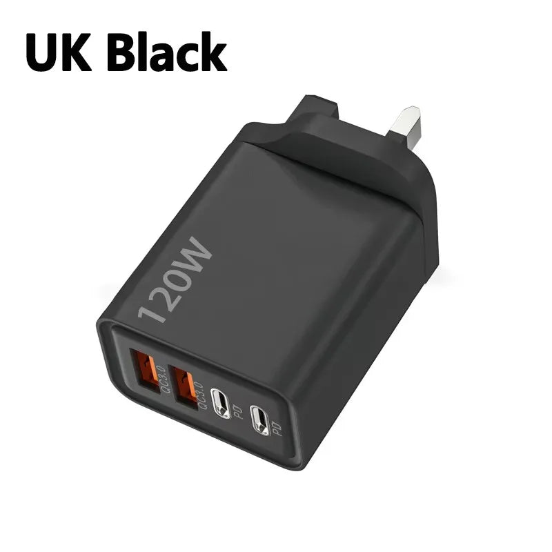 4 Ports 120W Charger USB C PD Quick Charge 3.0 Type C USB Phone Chargers Fast Charging Adapter For iPhone Samsung Xiaomi Huawei Car Mobile World