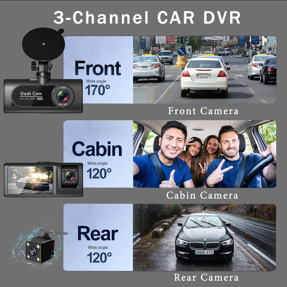 WIFI 3 Channel Dash Cam for Car 1080P Video Recorder 3/2Lens Dashcam Car DVR Front and Rear View Camera Black Box Car Accessory Car Mobile World