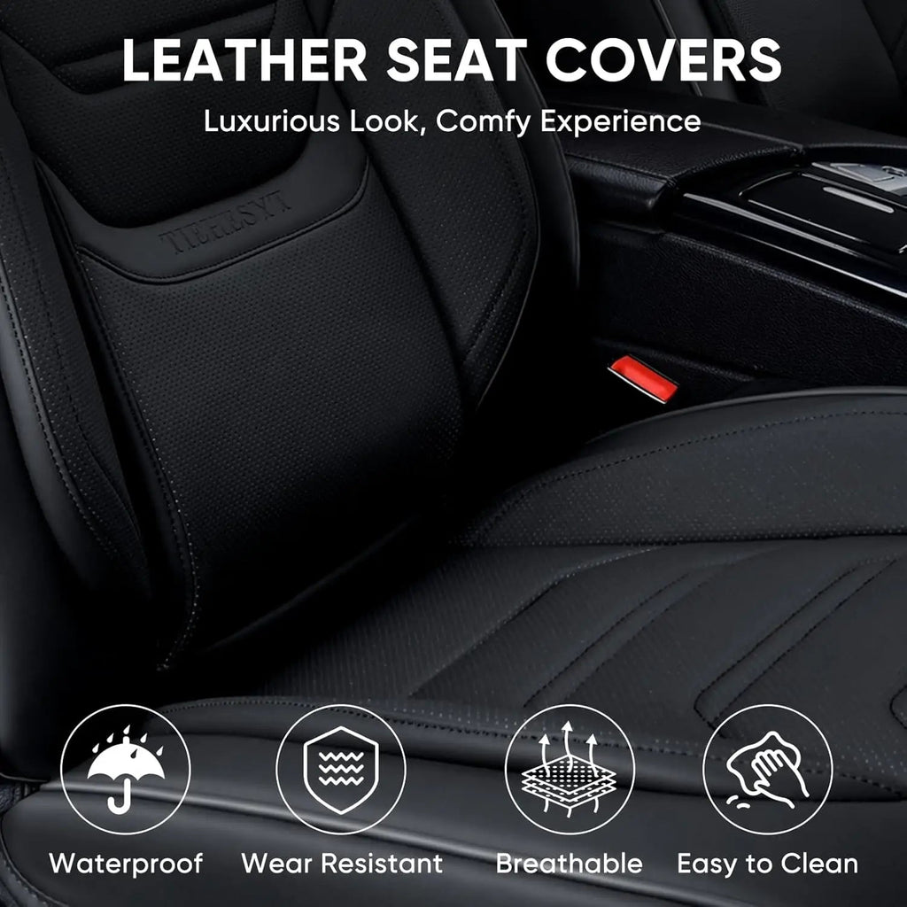 Breathable Leather Car Seat Covers Full Set, Waterproof Front and Rear with Headrest for Most Sedans SUV Trucks CM World