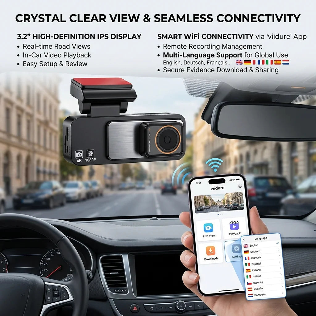 4K Dash Cam Built-in GPS WiFi Front and Rear Supercapacitor 24H Parking Monitor Dual Lens 3.2"IPS 2160P Car Driving Recorder DVR Car Mobile World