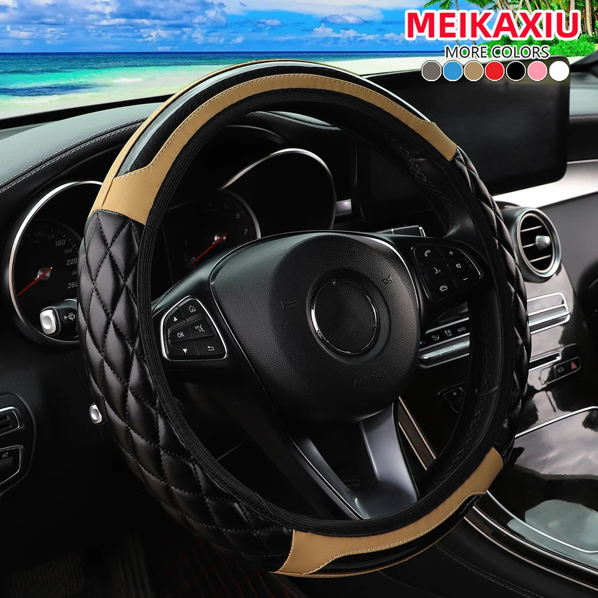PU Soft Leather Crystal Carbon Fiber Embroidered Car Rimless Steering Wheel Cover for 14.5 - 15 Inch Car Interiors