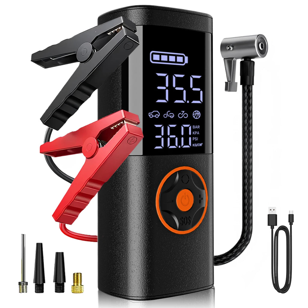 7-in-1 Multifunctional Portable Emergency Jump Starter with Inflator Inflatable Pump,Air Compressor for Car Motorcycle Bicycle