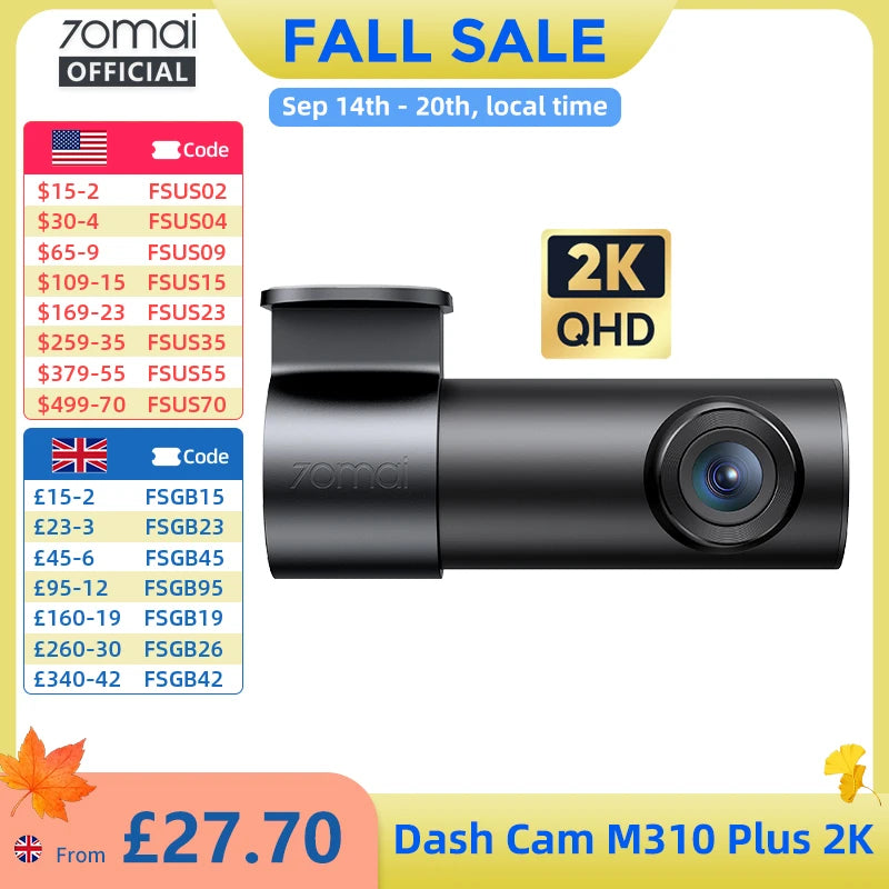 70mai Dash Cam M310 Plus 2K 1440P Super Night Vision F1.55 Aperture 70mai M310 2K Car DVR 24H Parking Guard WIFI & Voice Control