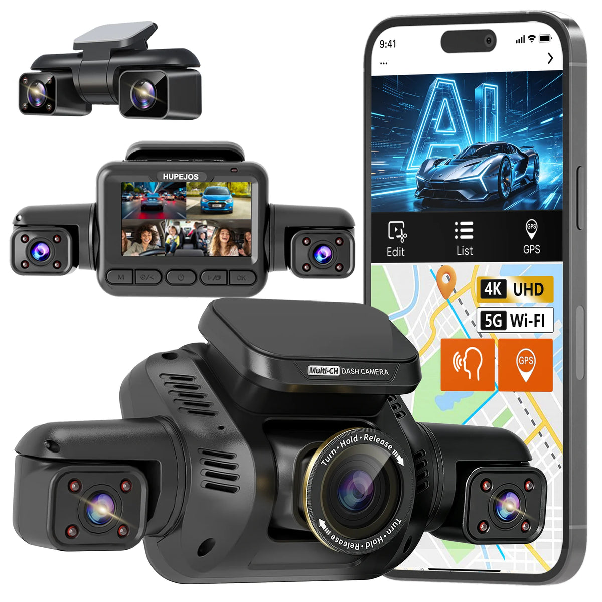 HUPEJOS 360° V8 Ultra-5CH 4K Dash Cam With AI Driver Monitor System DMS Built-in GPS WiFi Night Vision,24/7 Parking Monitor Mode