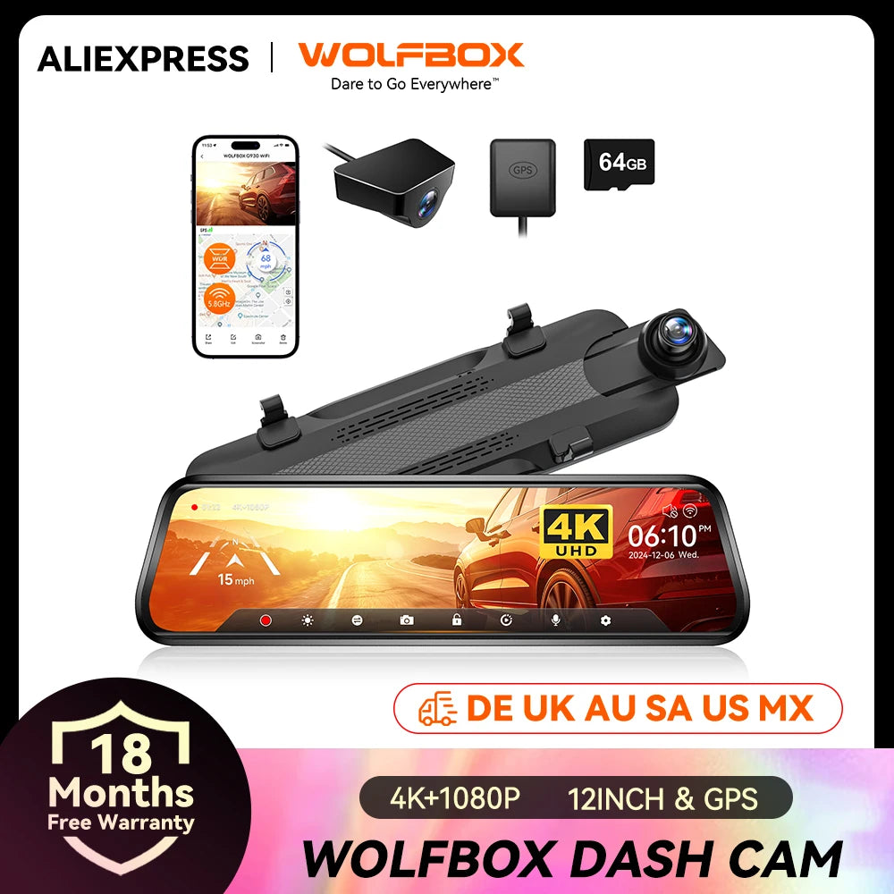 WOLFBOX G930 10 Inch Wifi Dash Camera 4K Car DVR FOV 140 Mirror Camera Dash Cam Car 24H Parking View Touch Screen Video Recorder Car Mobile World