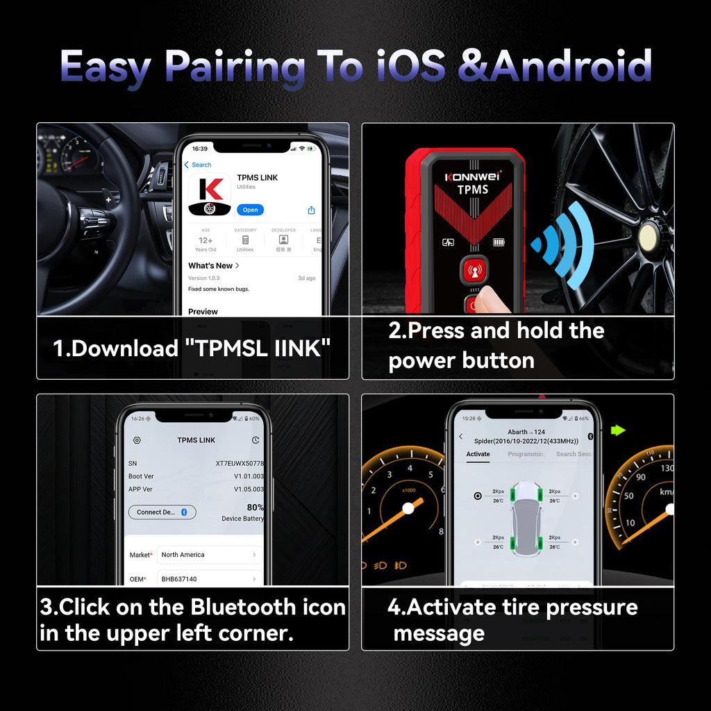 2026 KONNWEI TK100 TPMS Programming Tool Car Tire Pressure Sensors Activate OBD Relearn Tool 433MHz 315MHz Read TPMS ECU ID Tool