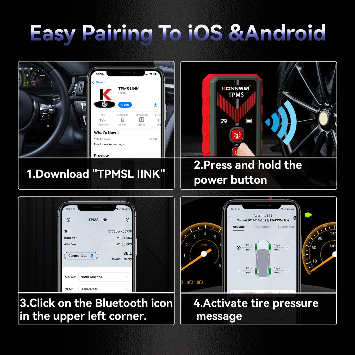 2026 KONNWEI TK100 TPMS Programming Tool Car Tire Pressure Sensors Activate OBD Relearn Tool 433MHz 315MHz Read TPMS ECU ID Tool