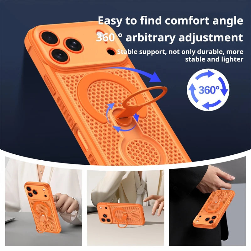 360° Rotate Ring Holder Magnetic Mesh Heat Dissipation Case for iPhone 17 16 15 14Plus 13 12 11 18 Pro Max Air For Magsafe Cover