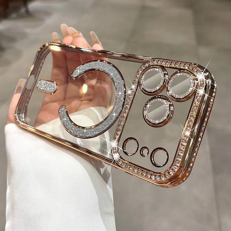 Plating Glitter Rhinestone Diamond Magnetic Phone Case For iPhone 17 Pro Max Air 17Pro For Magsafe Wireless Charging Clear Cover