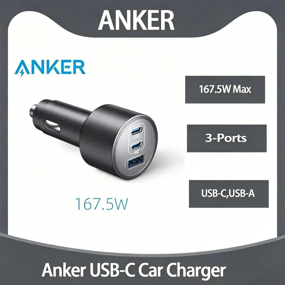 Anker Original 167.5W 3-Port USB C Car Charger Type C USB A Fast Charging Adapter for MacBook iPhone Samsung Laptop Phone Car Mobile World