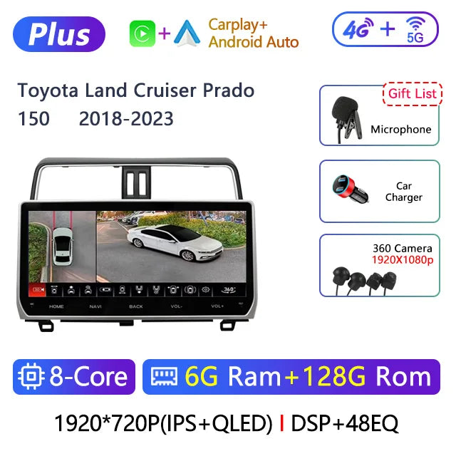 12.3" 2 Din Android Car Radio Multimedia DVD Player For Toyota Land Cruiser Prado 150 2018-2023 Navigation GPS Carplay Head Unit CM World