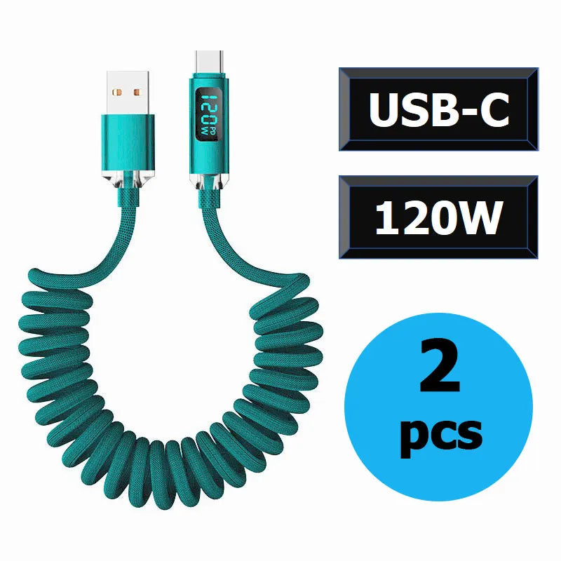 120W Car Retractable Cable Digital Display Spring USB A Type C To Type C Cable For Samsung iPhone 16 Fast Charging Charger Cable