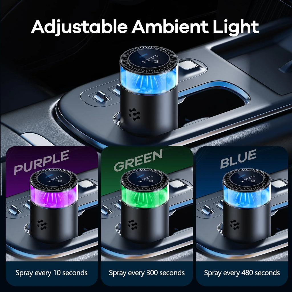Smart Car Air Freshener, Automatic Car Air Freshener Diffuser with Ambient Light, Car Diffuser with 2 Essential Oil Cartridges,