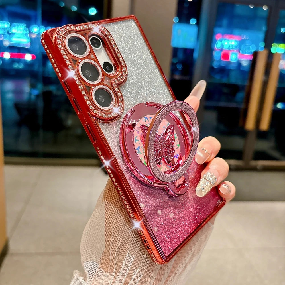 Glitter Butterfly Rotating Bracket Case for Samsung Galaxy S25 S26 Ultra S24 S23 Plus S22 FE A56 A55 A16 A54 Bling Diamond Cover