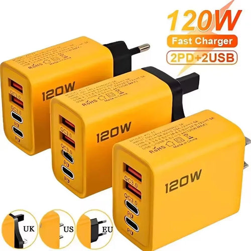 4 Ports 120W Charger USB C PD Quick Charge 3.0 Type C USB Phone Chargers Fast Charging Adapter For iPhone Samsung Xiaomi Huawei Car Mobile World
