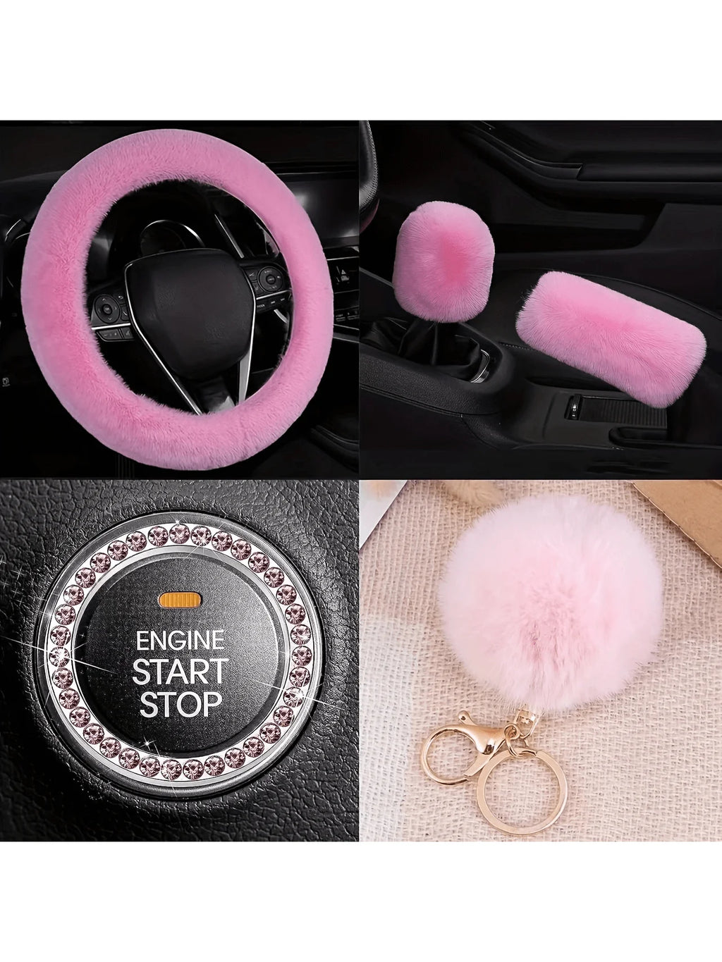 8 Pieces Set Combination Pink Goddess Plush Car Steering Wheel Cover Rex Rabbit Fur Fluffy Steering Wheel Cover