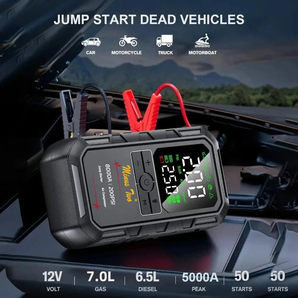 200PSI 4000A Car Jump Starter with Air Compressor Auto Tire Inflator, Large LCD Display, LED Light, for Cars, Bike & Motorcycle