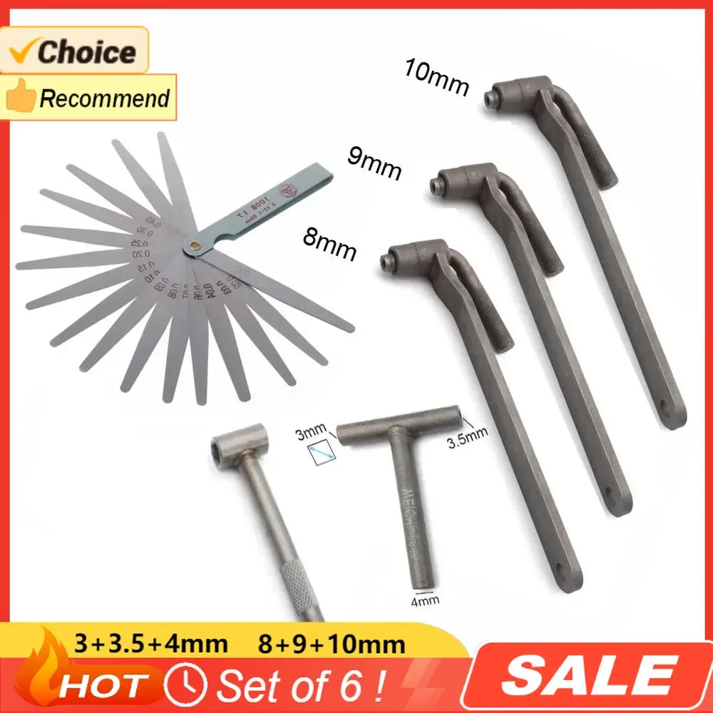6pcs/lot Universal Motorcycle Engine Valve adjustment tool valve screw wrench 3/3.5/4mm 8mm 9mm 10mm Feeler gauge 0.02 to 1mm CM World