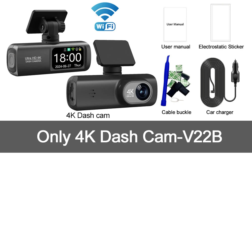 UHD 4K WiFi Dash Cam Dual Lens Driving Recorder Car DVR Optional 1080P Rear Lens Camera GPS 24H Parking Monitoring Black Box Car Mobile World