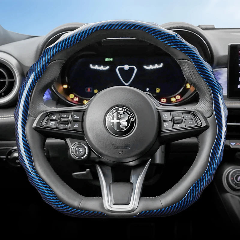 Suitable for Alfa Romeo Carbon Fiber Texture Steering Wheel Cover Snap-On Wave-Shaped Sports Design Protective Case Giulia 952 Stelvio 949 147 Mito Giulietta Tonale 965 Sprint 159 Quadrifoglio Black CM World