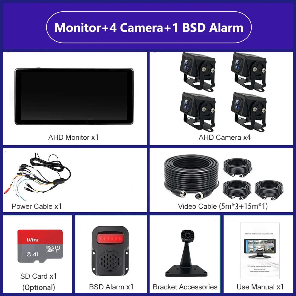 10.36 Inch 4 Channels Vehicle DVR Recorder Smart Blind Spot Radar BSD Alarm 1080P AHD Cameras Monitor For Truck Bus Trailer