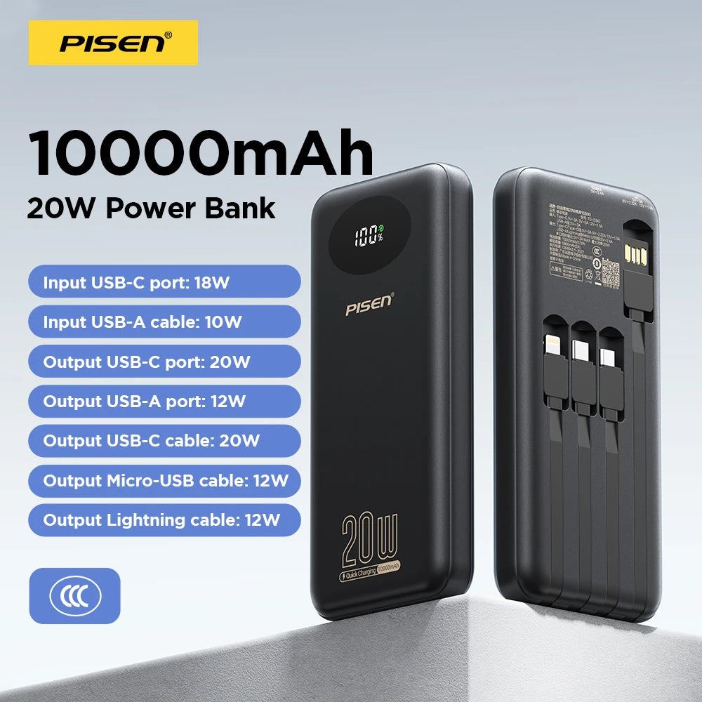 PISEN 3C Certified Power Bank 10000mAh & 20000mAh 20W Fast Charging Powerbank With 4 Built-in Cables For iPhone Samsung Xiaomi Car Mobile World