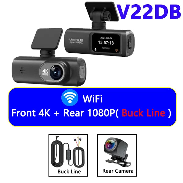 4K UHD Dash Cam Dual Lens Recording Car Camera DVR Night Vision Video Recorder Support GPS Wi-Fi Room Black Box Rear View Camera