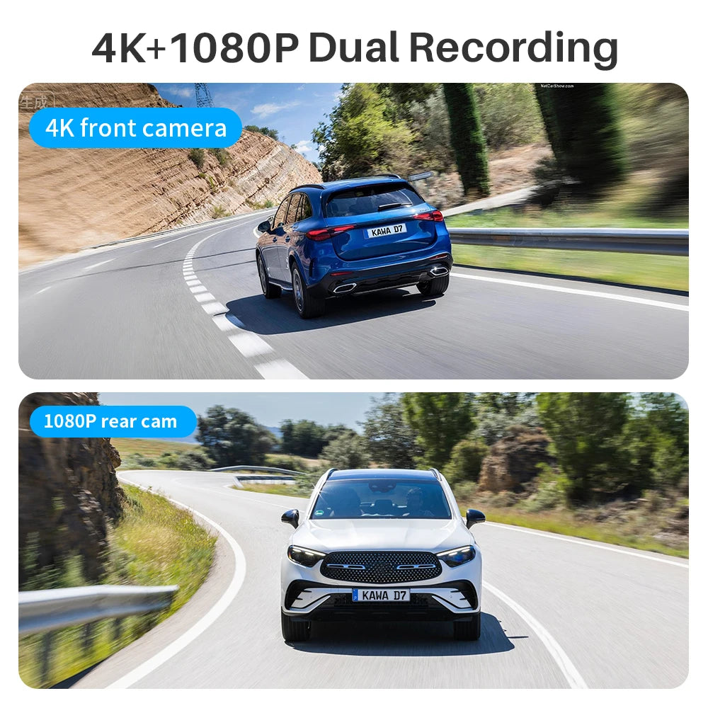 4K Front and Rear Dash cam KAWA D7,Video Recorder 4K WiFi6 Car Camera,DVR Tiny Rear Camera for AUTO,APP/Voice Control Dashcam Car Mobile World