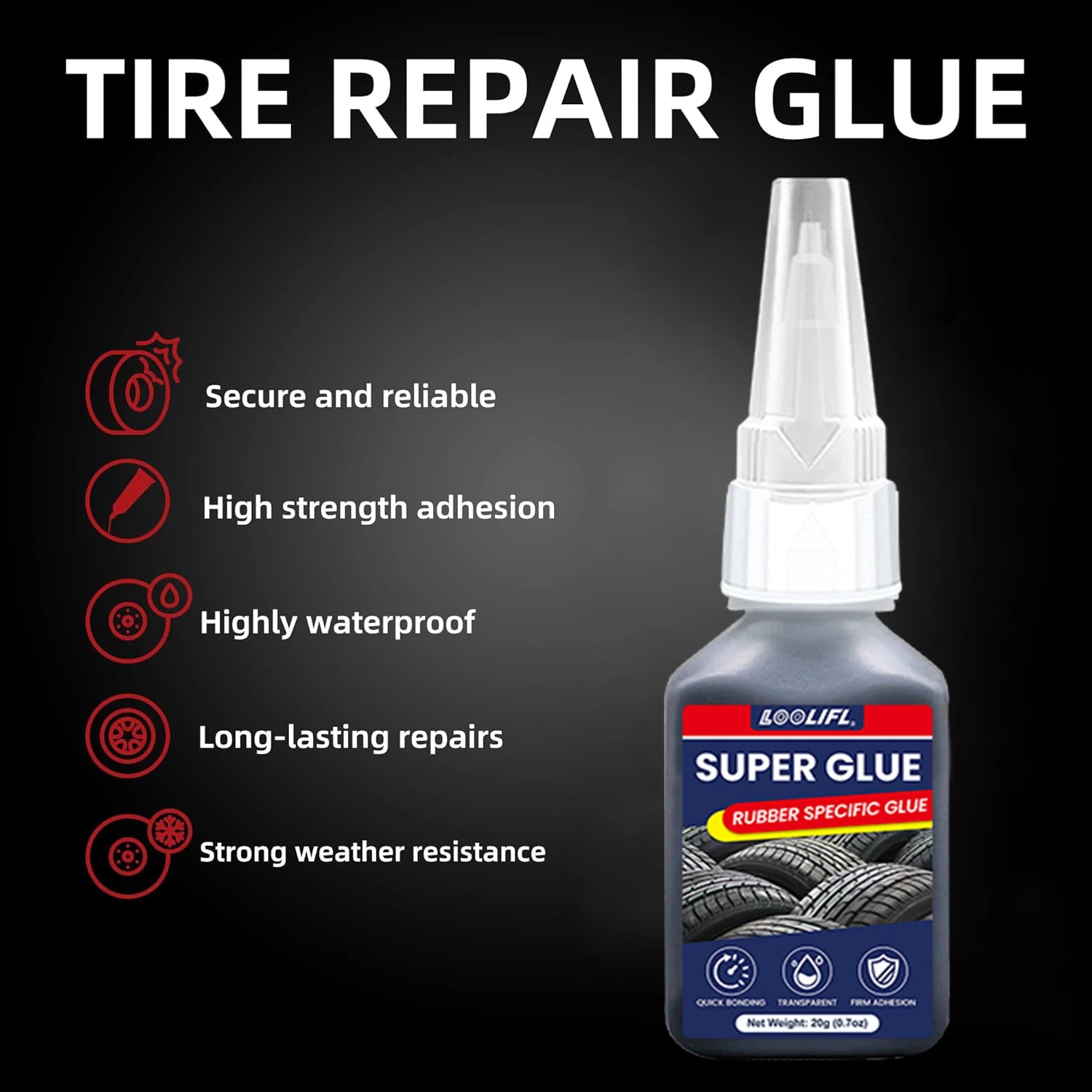 LOOLIFL-Tire repair adhesive, suitable for cars, motorcycles, bicycles, jeeps, off-road vehicles, trucks, tractors, 20ml, black CM World
